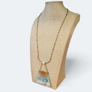 Bou Cou Long Boho Necklace Gold Tone thin chain with Yarn Fan Tassel